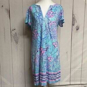 Lilly Pulitzer Sophiletta Dress Blue Ibiza Now You Sea Me, Size L, UPF50+, EUC!